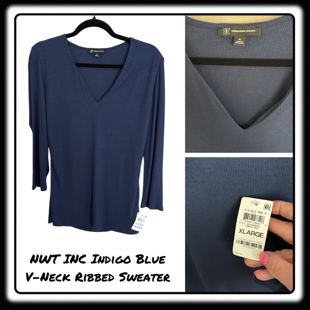 NWT INC Indigo (blue) ribbed sweater/top 3/4 length sleeves